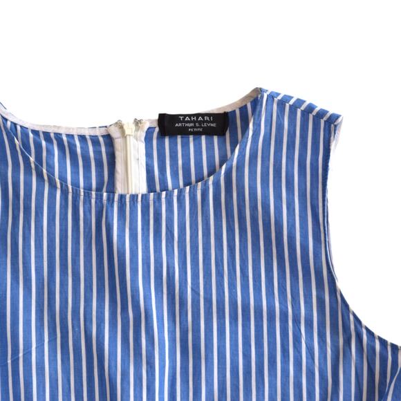 Tahari Blue & White Pinstripe Handkerchief Hem Sleeveless Dress Petite Large - Picture 3 of 7
